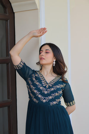 Ethnic festive wear gown in Rama green by Vastralyn – full stitched