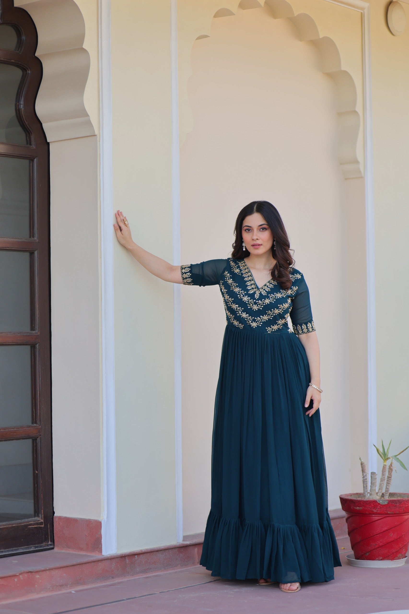 Half-sleeve embroidered gown in Rama color – wedding guest outfit