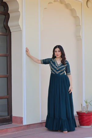 Half-sleeve embroidered gown in Rama color – wedding guest outfit