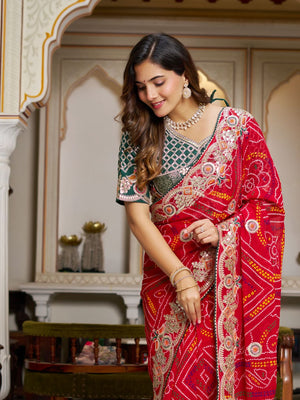 Pure Bandhej saree with rich embroidered border for wedding and festive wear