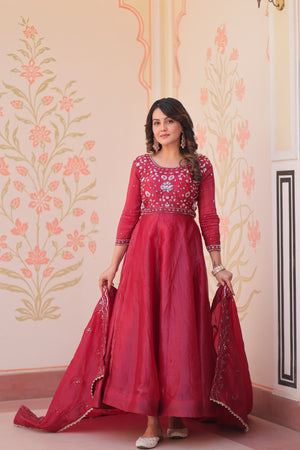 red beads embroidery gown for women