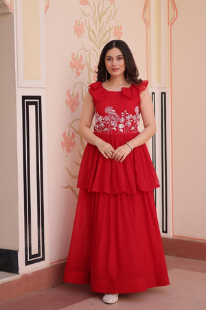 Red embroidered ethnic gown for women
