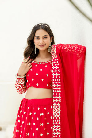 Semi-stitched red lehenga with matching dupatt