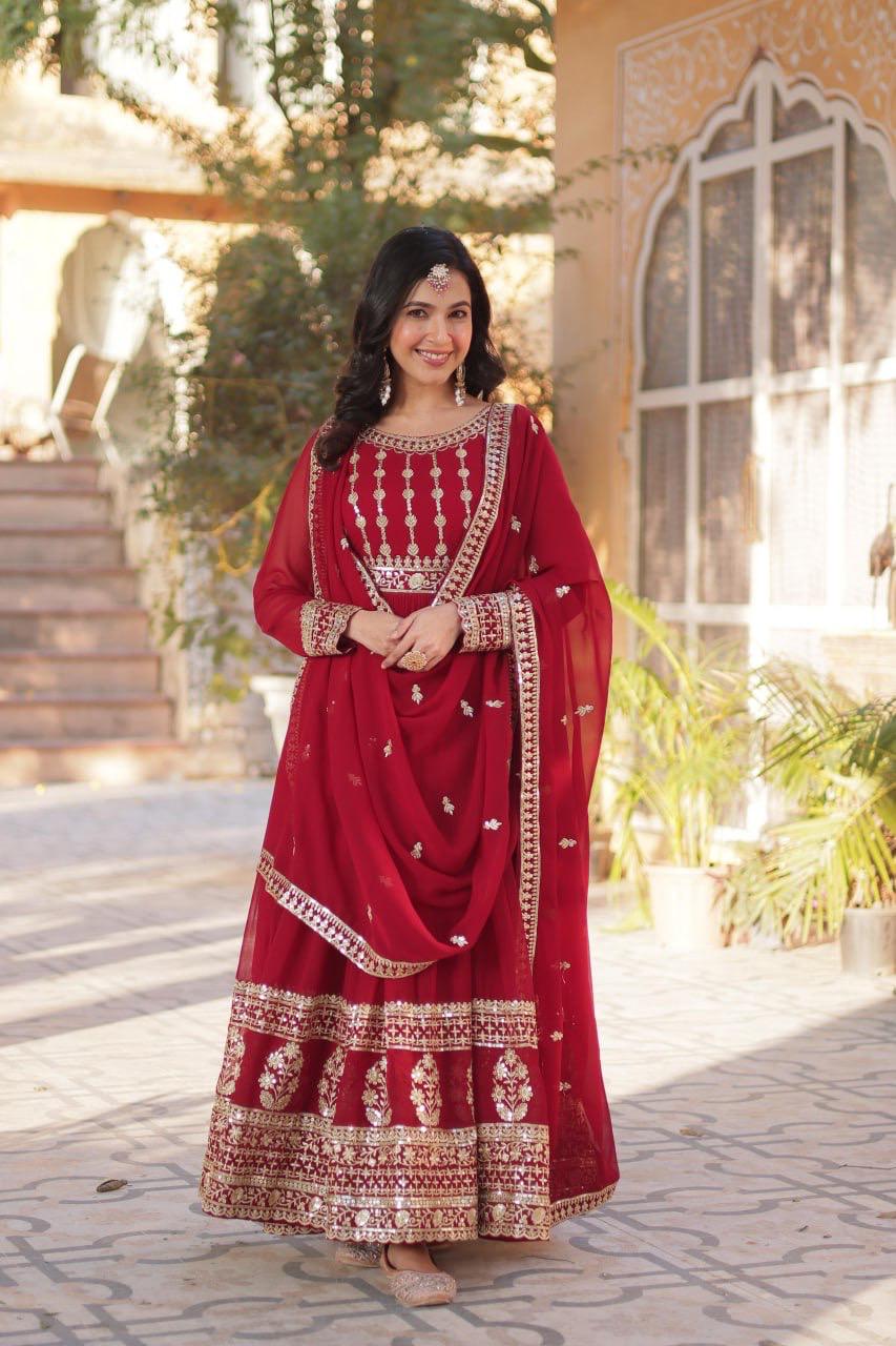 red embroidered gown