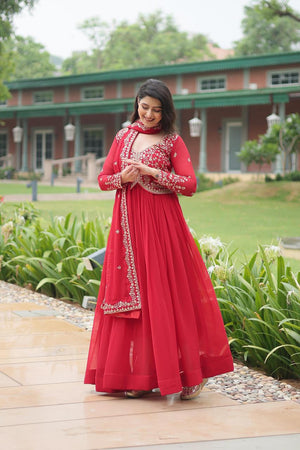 red embroidered gown