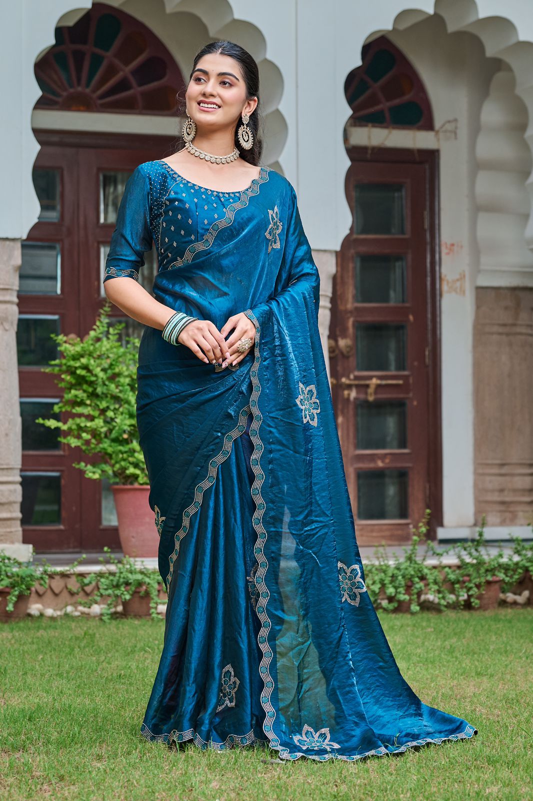 Full view of blue saree with heavy work