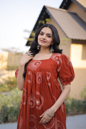 Rust orange ethnic printed kurti with puff sleeves