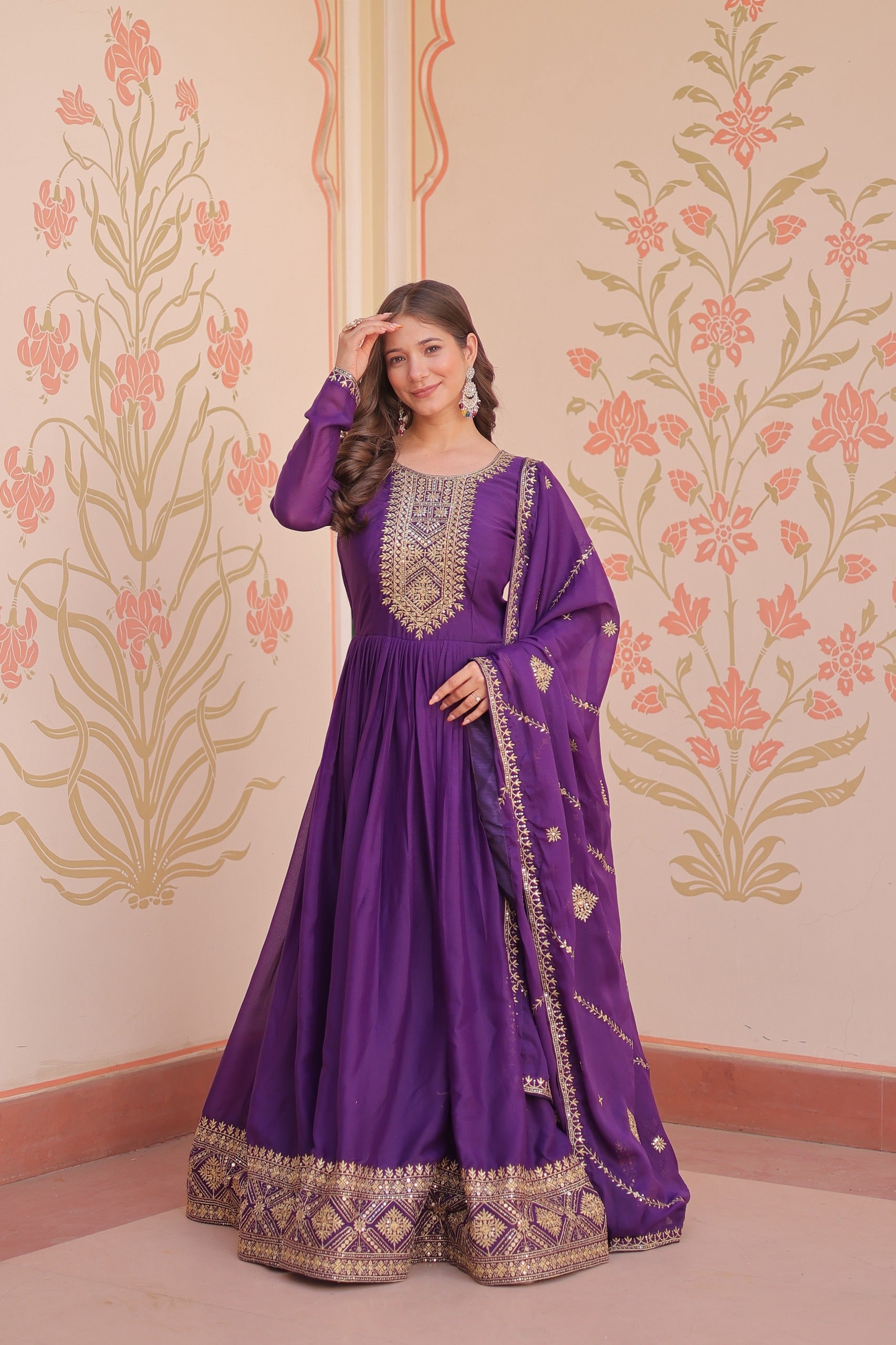 Purple Star Georgette gown with full sleeves and embroidered detailing vastralyn collection