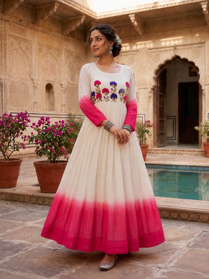 Pink party wear georgette gown with designer embroidery