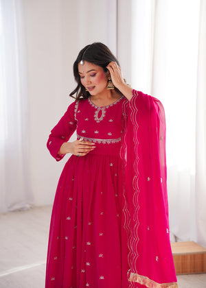 Full sleeves embroidered gown pink