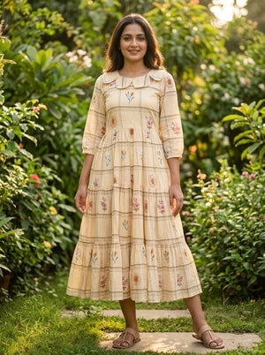 beige colour ethnic kurti with flare for women india