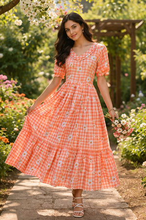 peach orange flared kurti puff sleeves