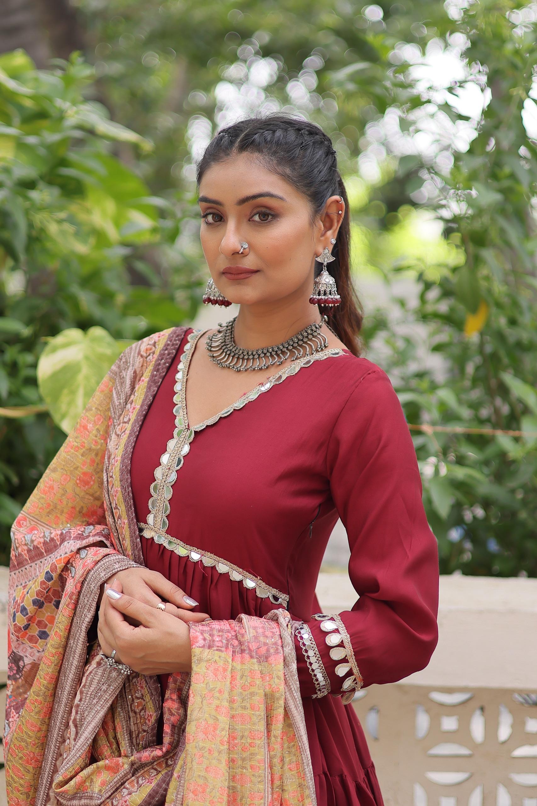 Full flair Roman fabric gown in Maroon color