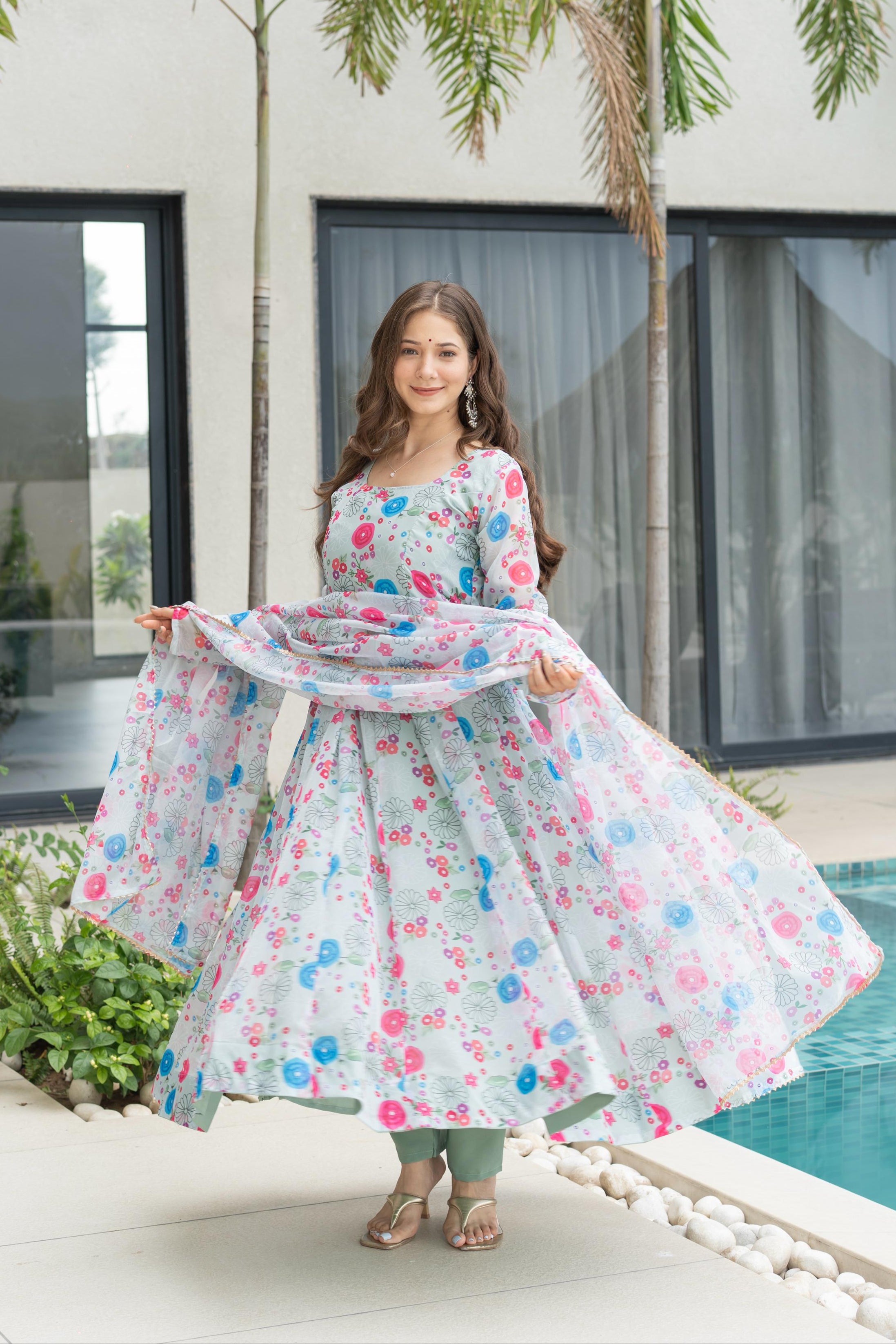 Front view of floral print organza Anarkali gown set for women