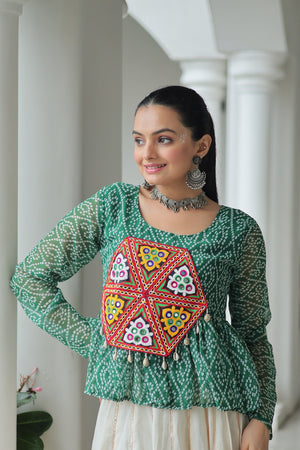 Green Ethnic Wear Set with Bandhani Top and Flared Lehenga