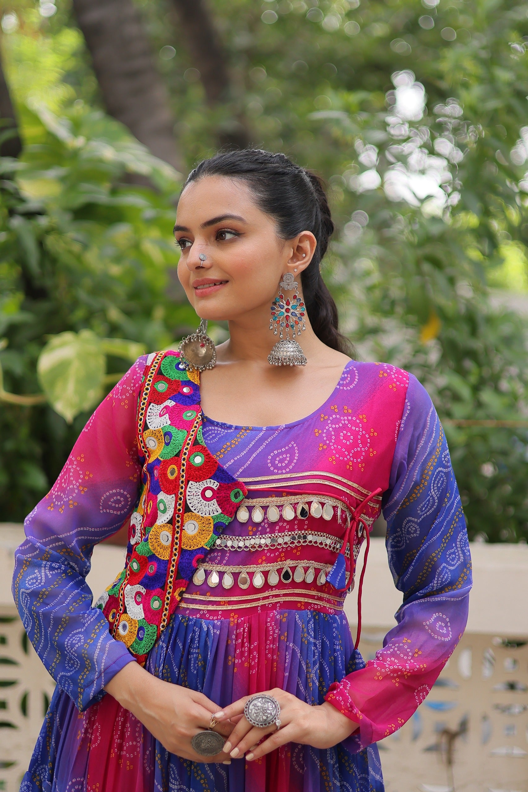 Pink-Blue Bandhej & Laheriya Print Gown for Festive Wear