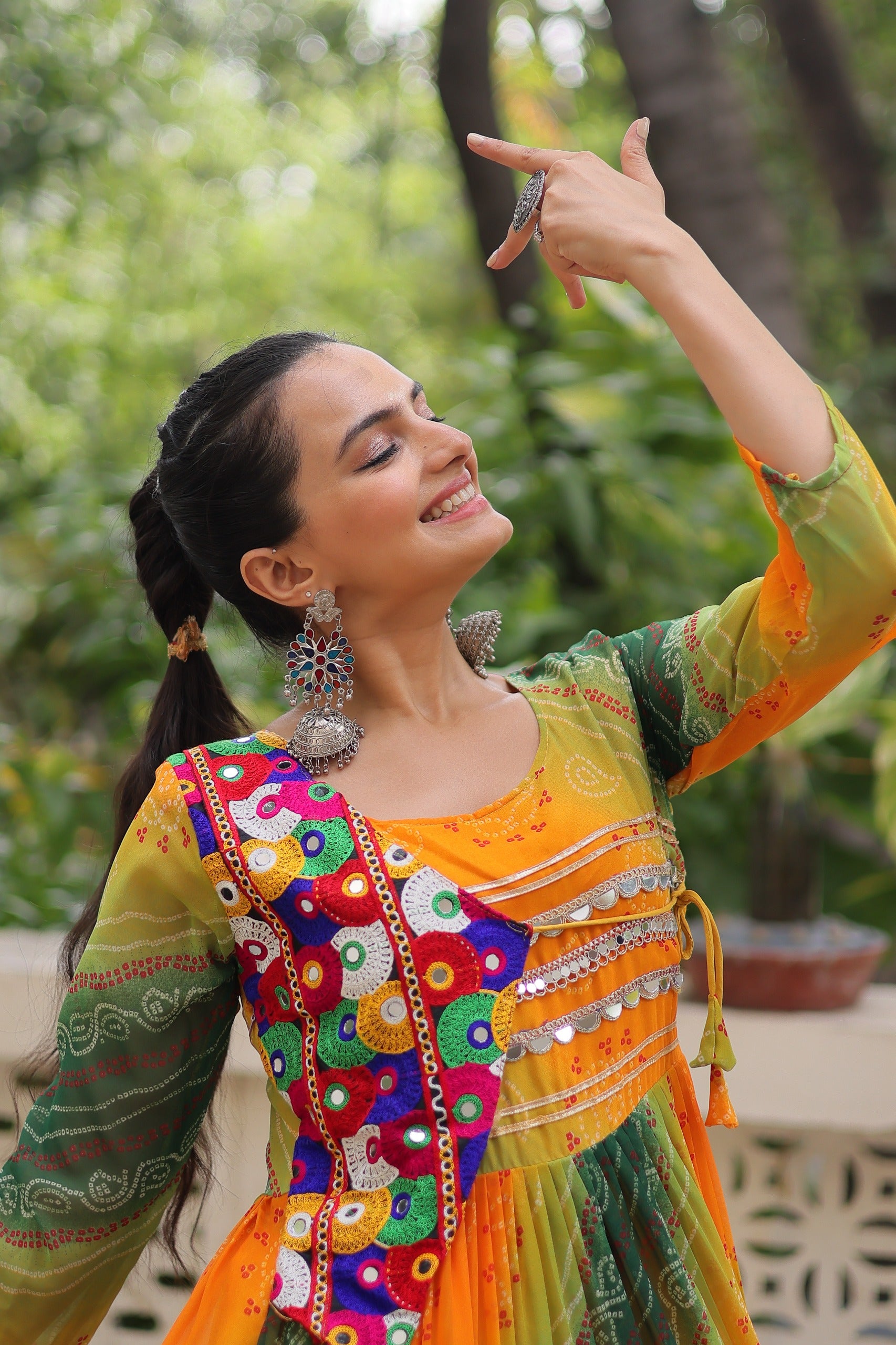 Green-Orange Laheriya Bandhej Print Gown with Kutchi Work