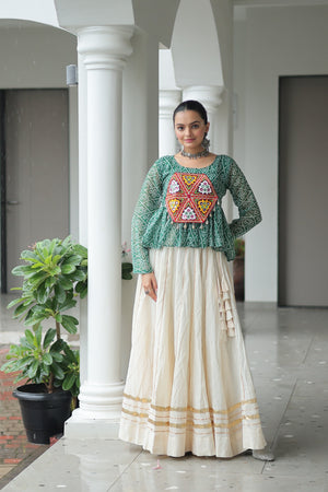 Green Bandhani Print Top with Kutchi Work Lehenga