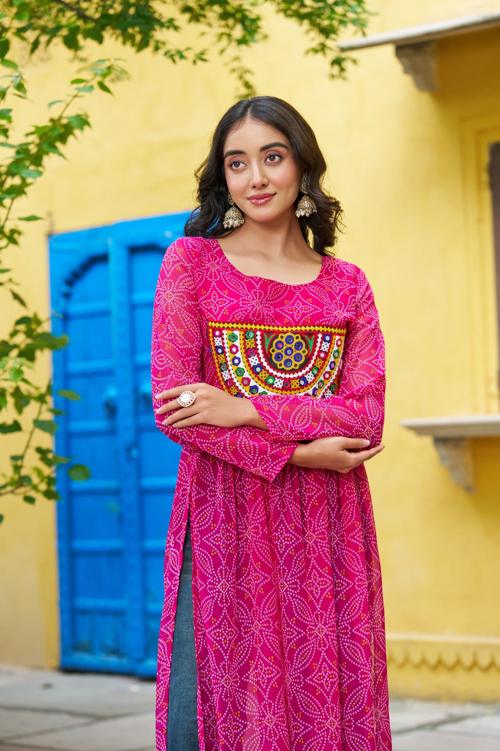 Pink Bandhej Print Kurti with Kutchi Patchwork