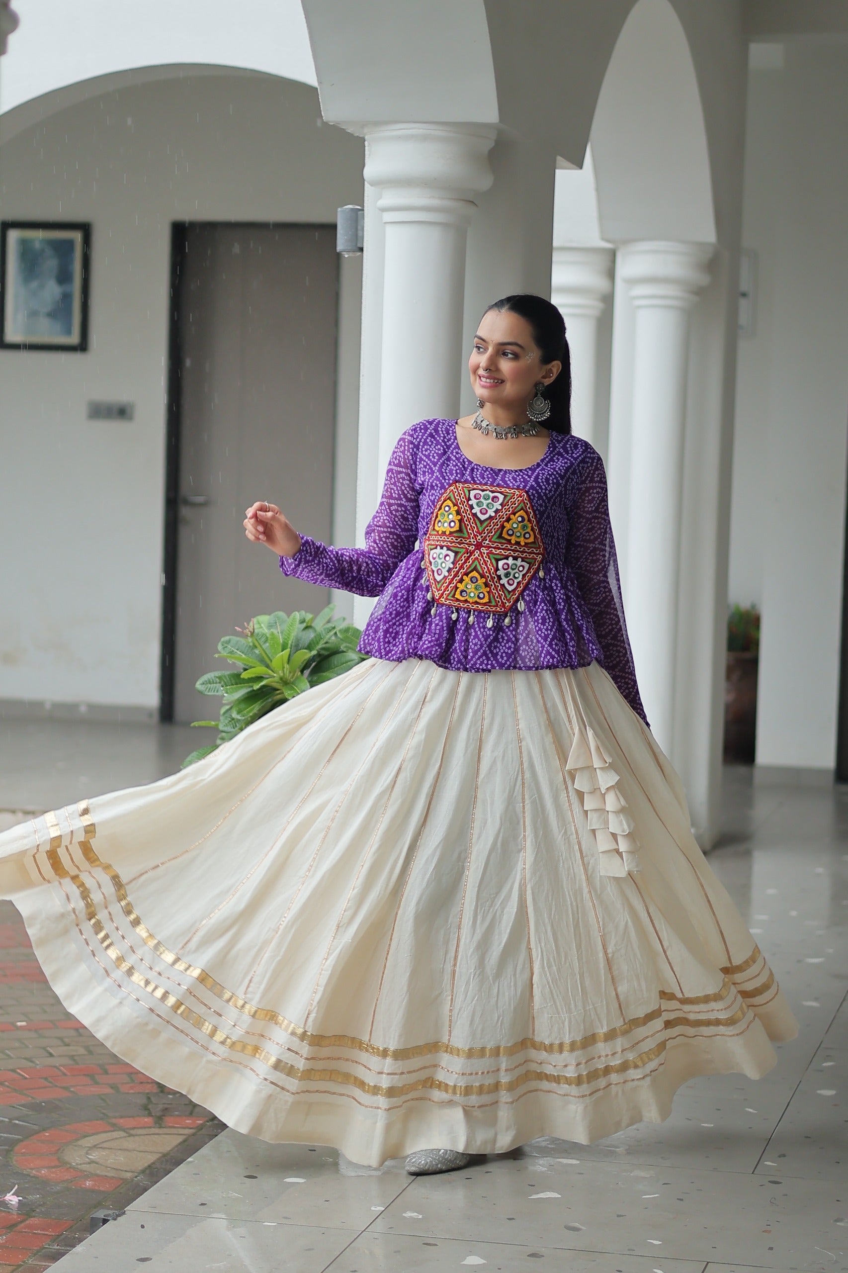 Purple Bandhani Top with Kutchi Patchwork and Kora Cotton Lehenga