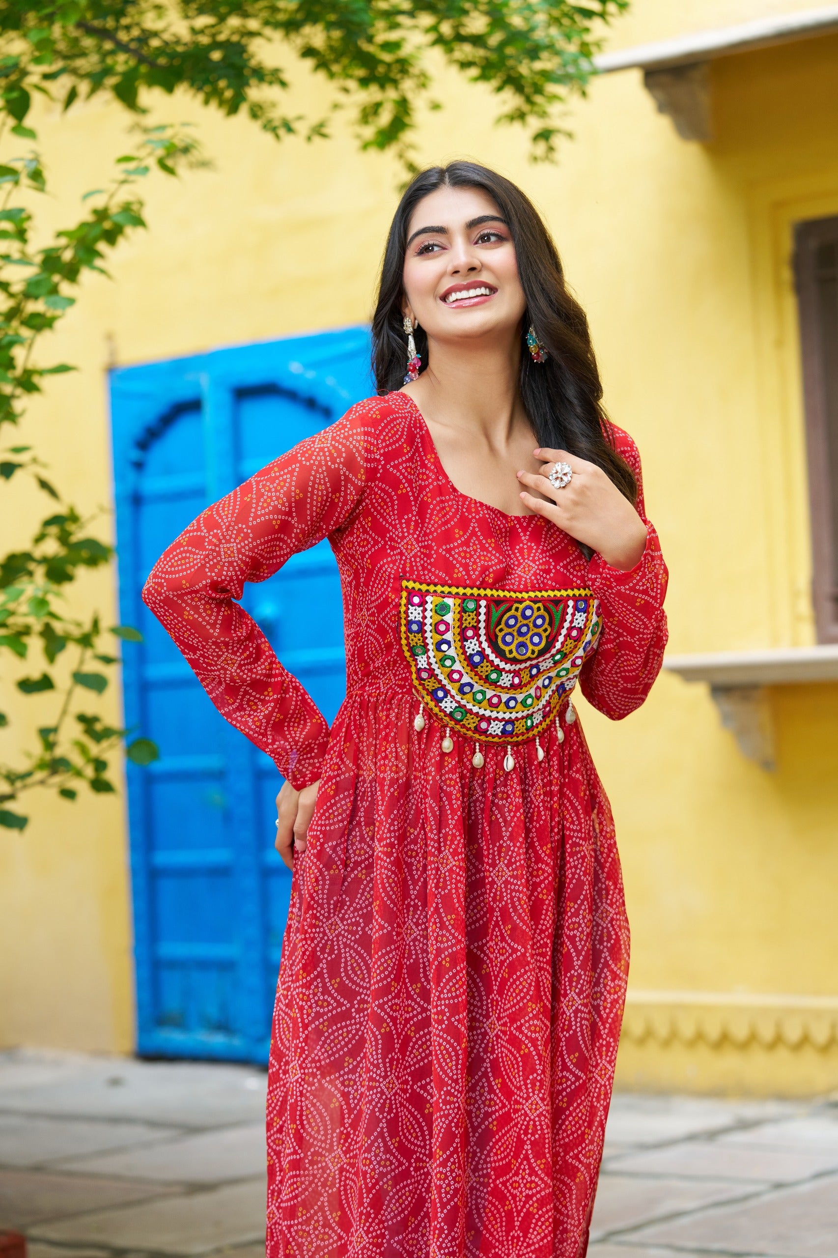 Red Ethnic Bandhej Kurti with Designer Kutchi Patch