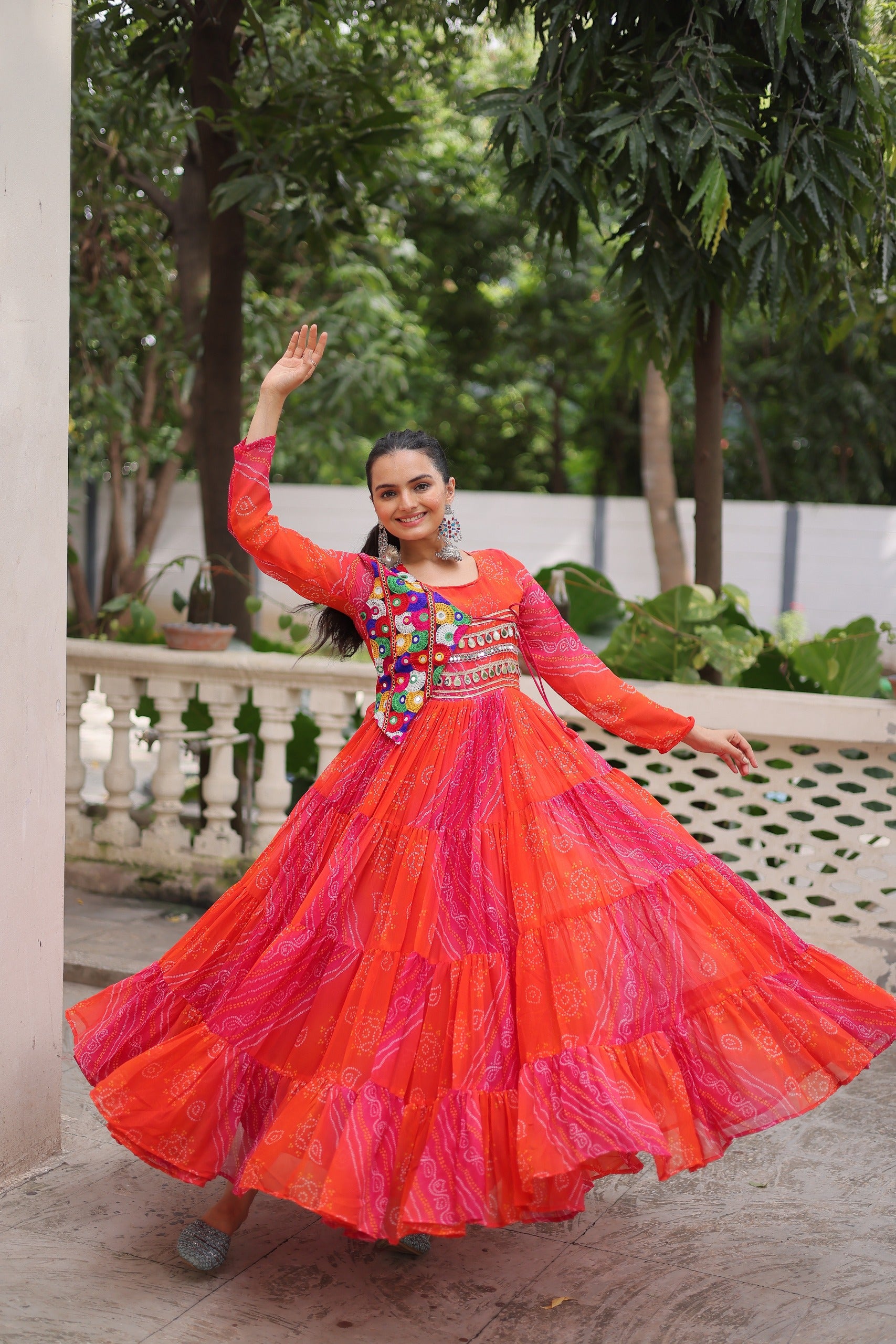 Traditional Indian Bandhej Print Gown with Full Sleeves