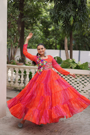 Traditional Indian Bandhej Print Gown with Full Sleeves