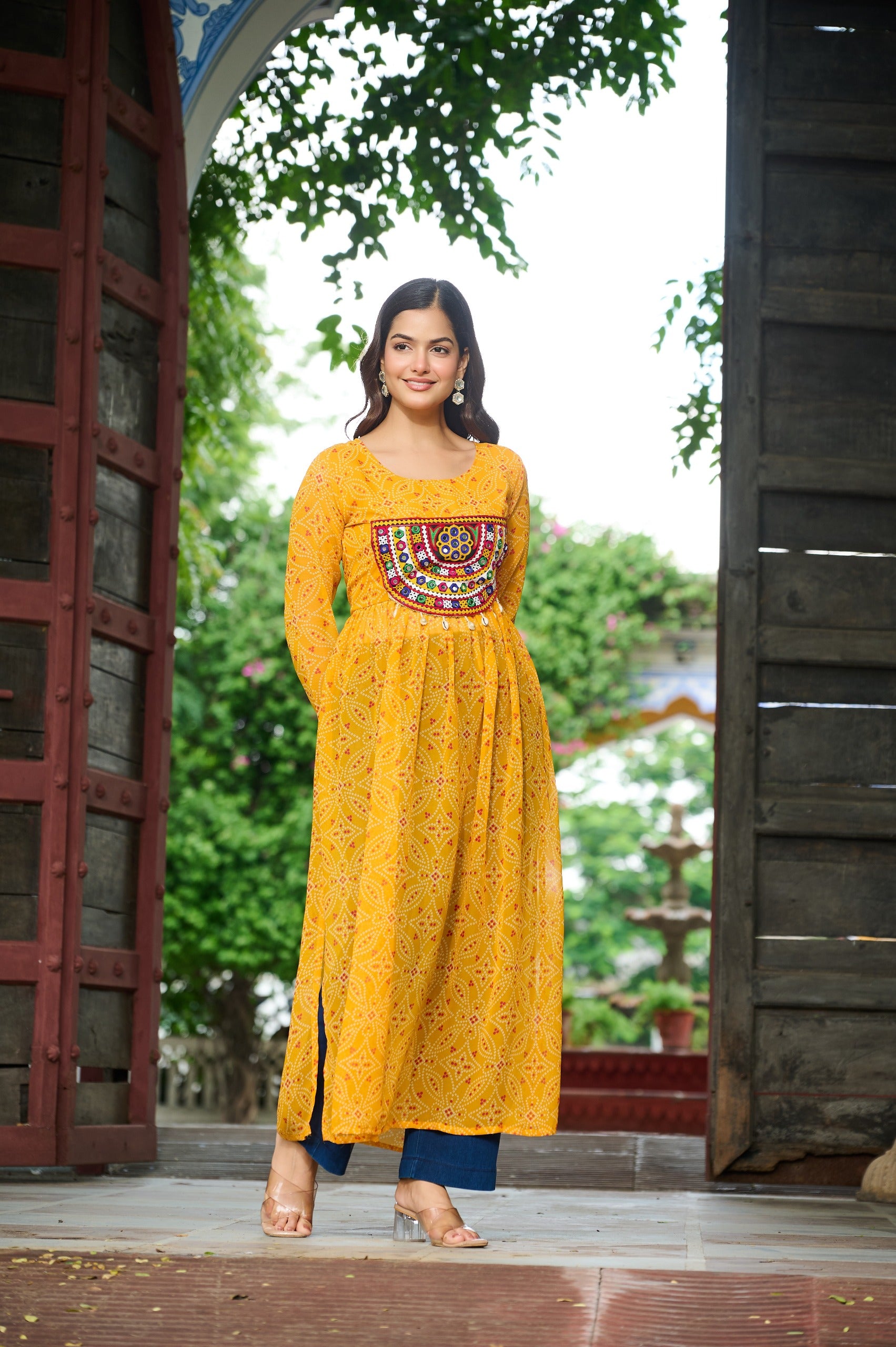 Festive look with Yellow Kutchi Work Bandhej Kurti