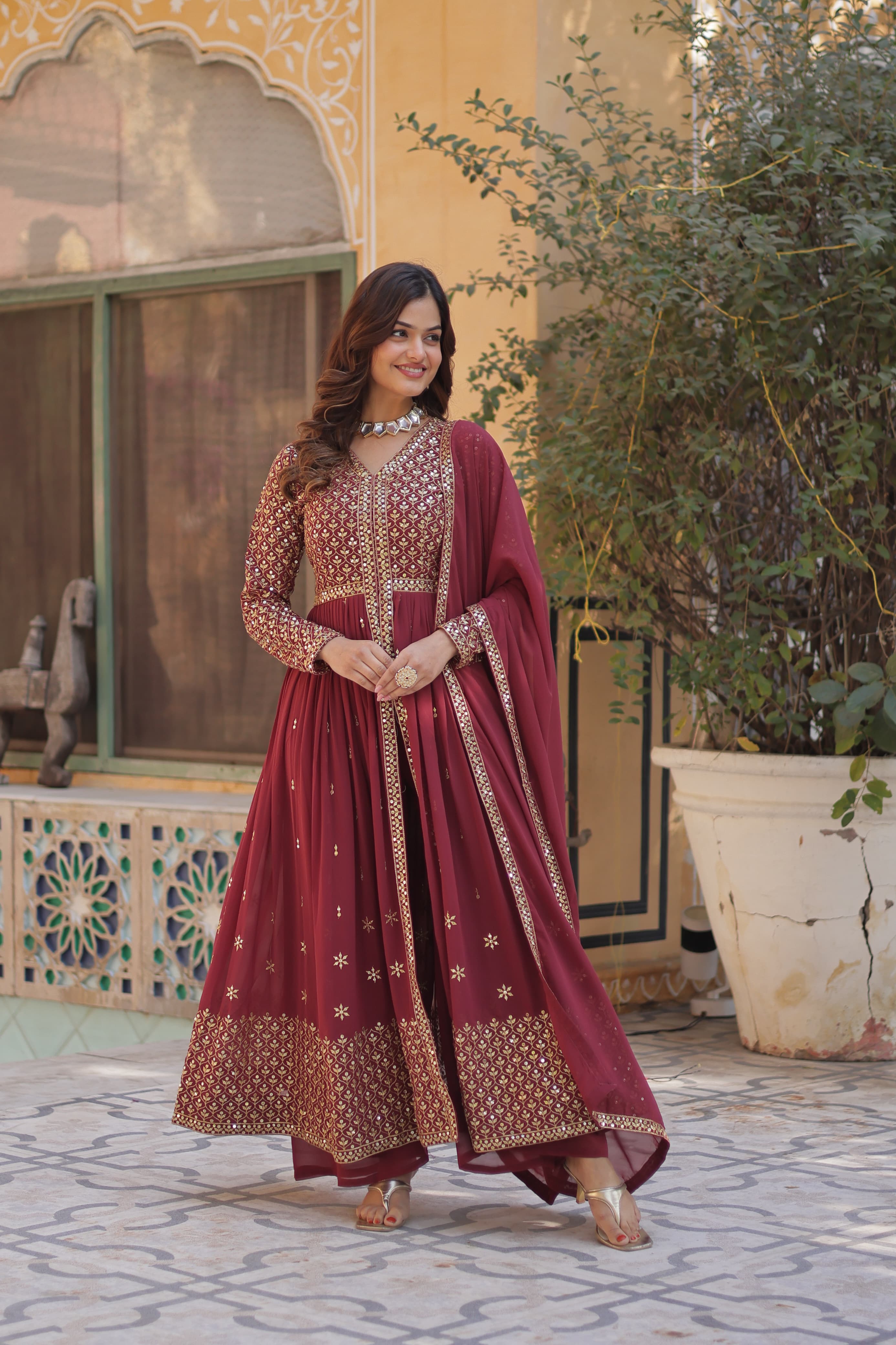 maroon anarkali gown