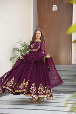 maroon designer gown with dupatta