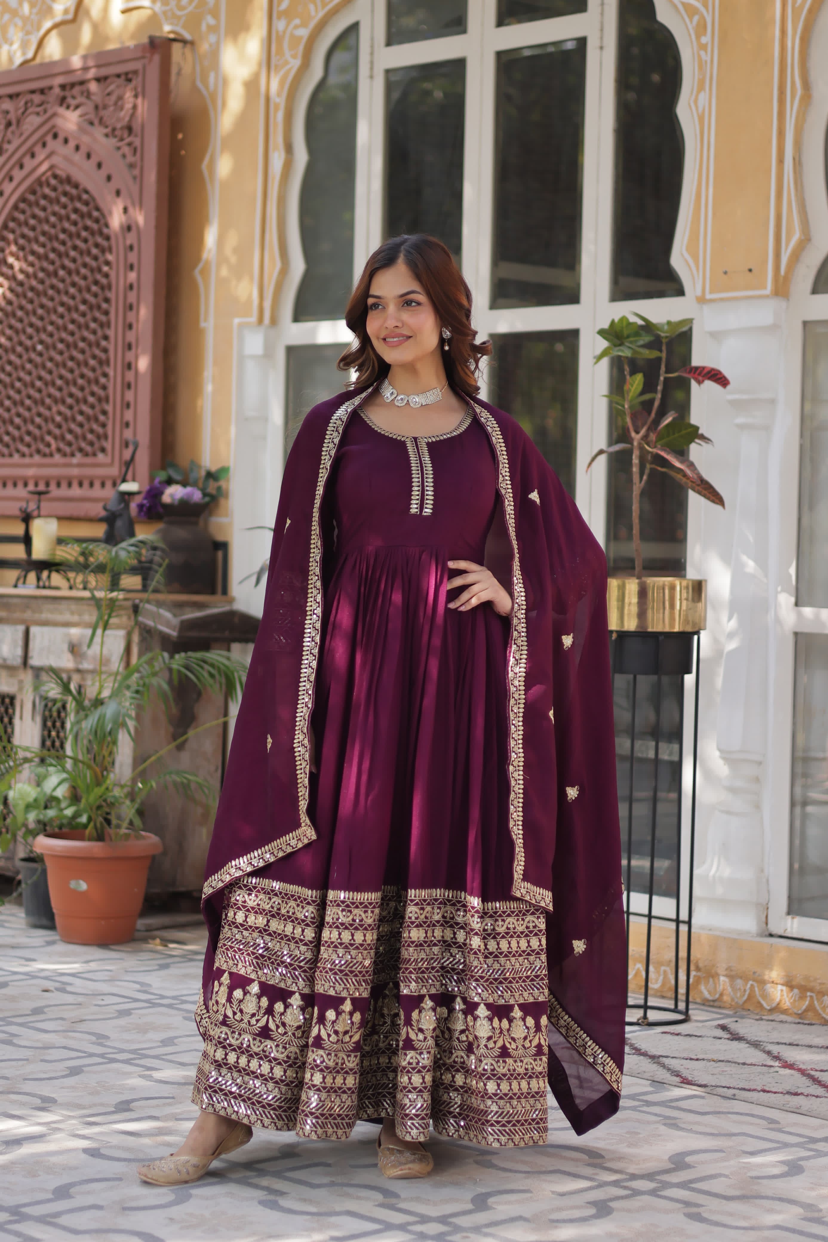 Maroon gown with dupatta