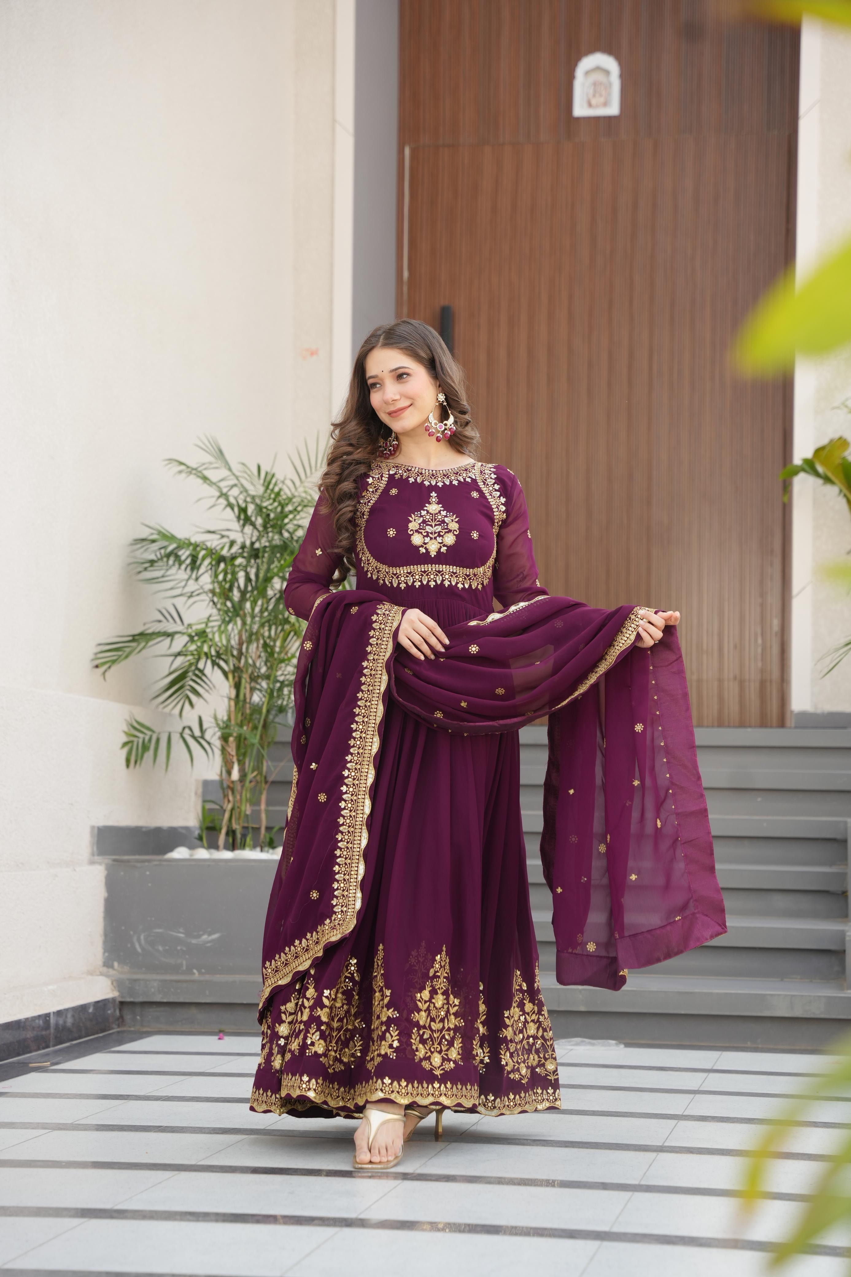 Wine Maroon Zari Embroidered Gown with Dupatta – Royal Elegance