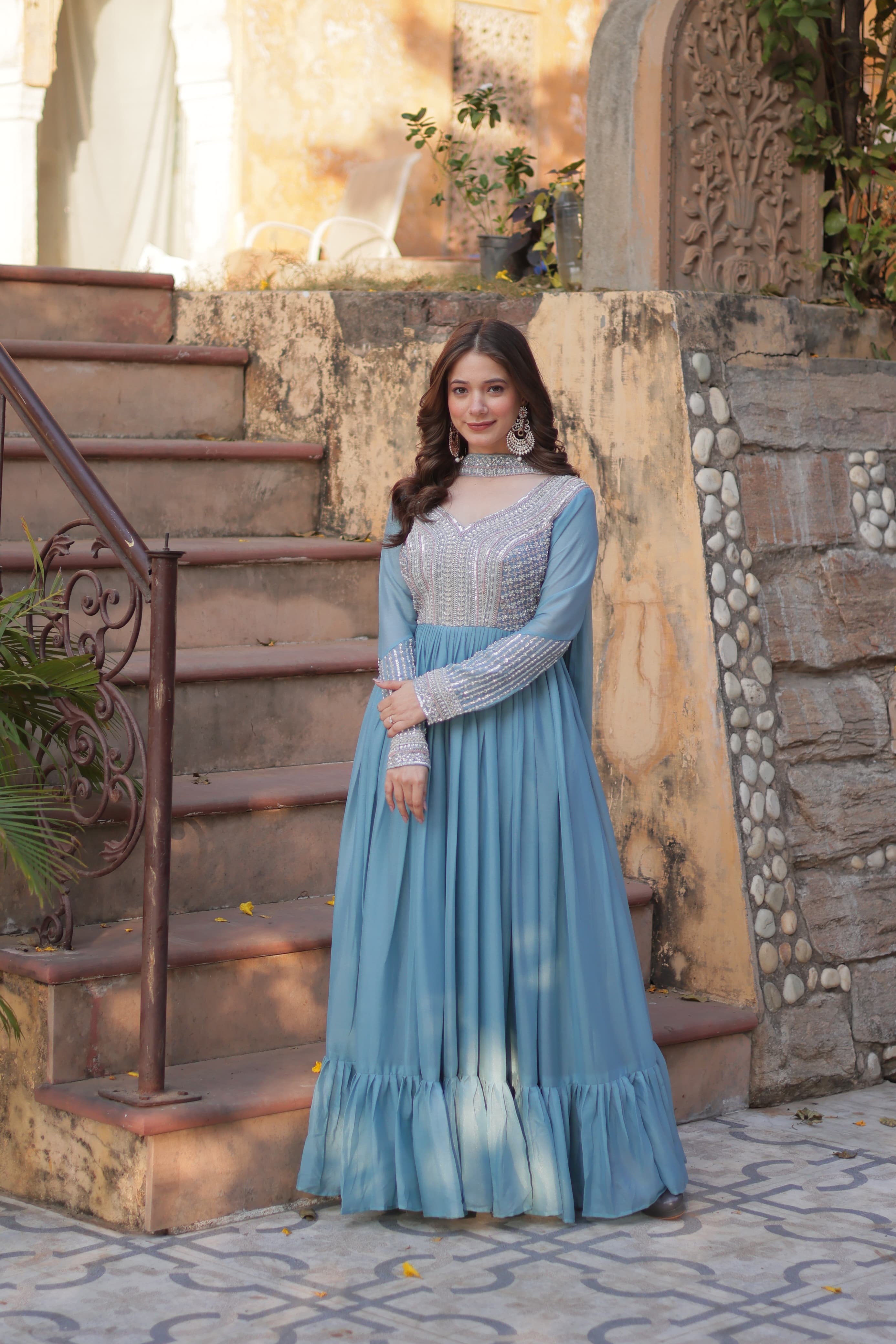 Sky Blue Georgette Gown with Dupatta | Embroidered Party Gown VASTRALYN Sky Blue Georgette Gown with Dupatta | Embroidered Party Gown VASTRALYN