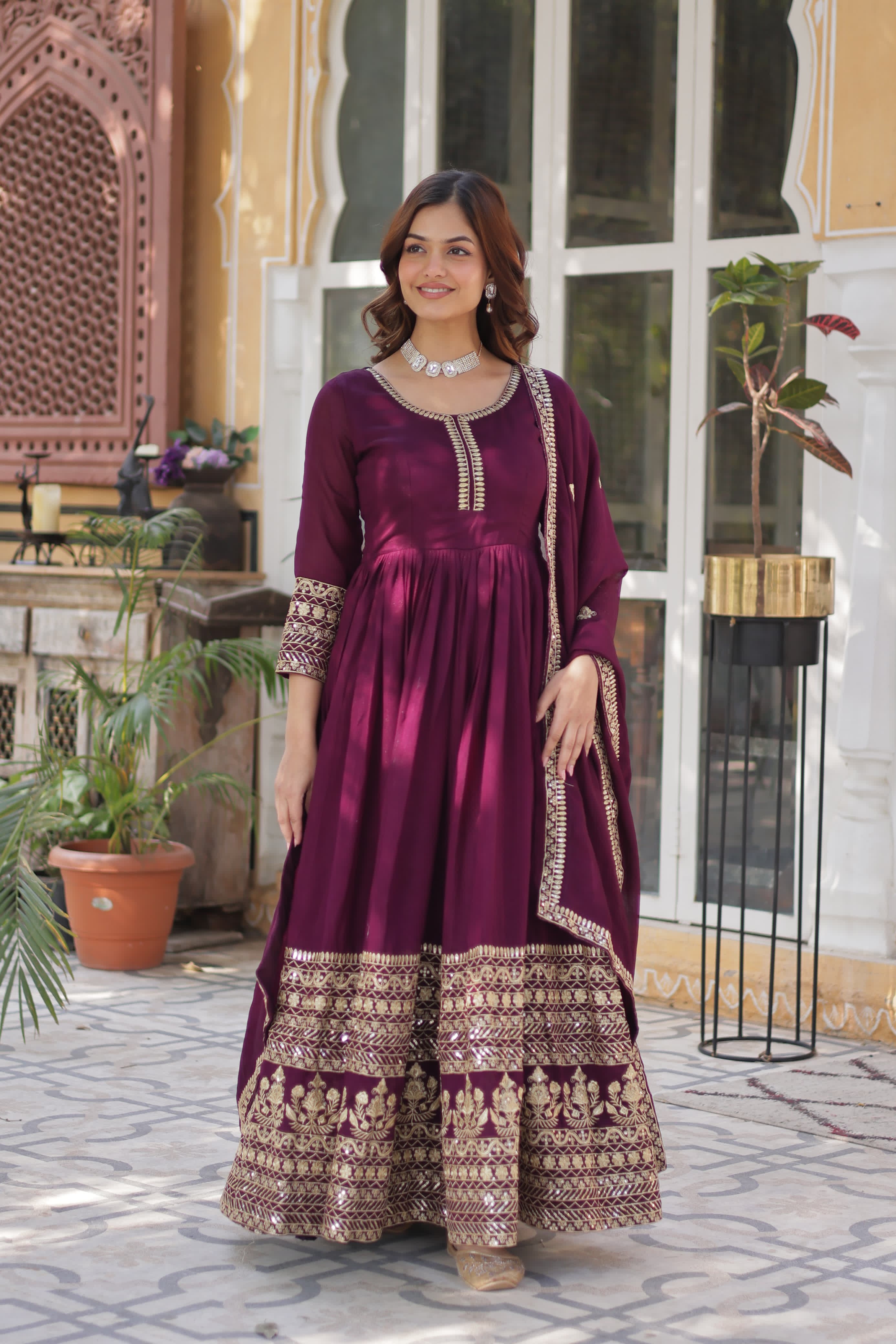maroon ethnic gown online