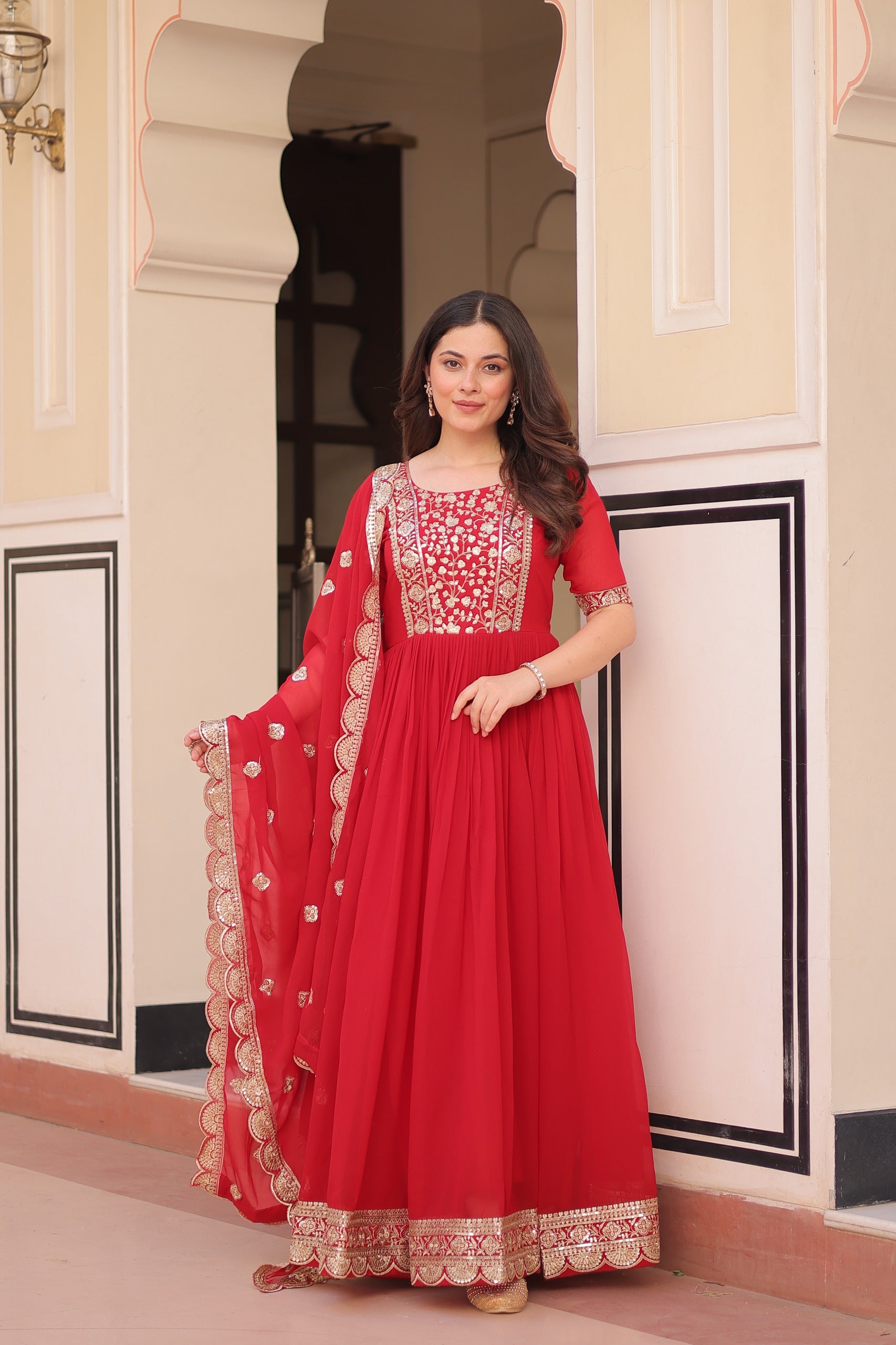 Partywear Red Gown Set for Ladies
