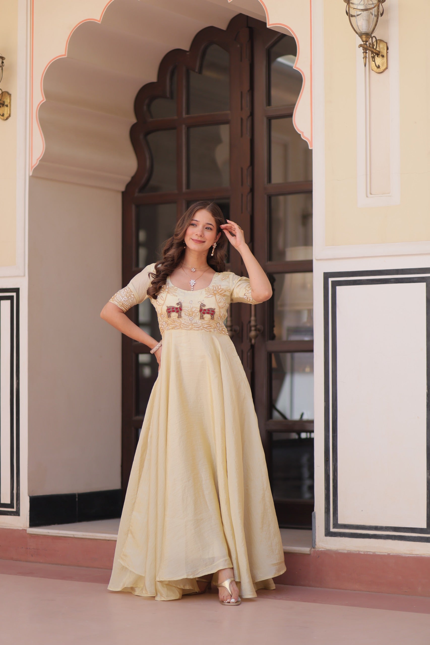 Cream Readymade Designer Gown | Gold Crush with Beads Embroidery | Luxury Collection 2025