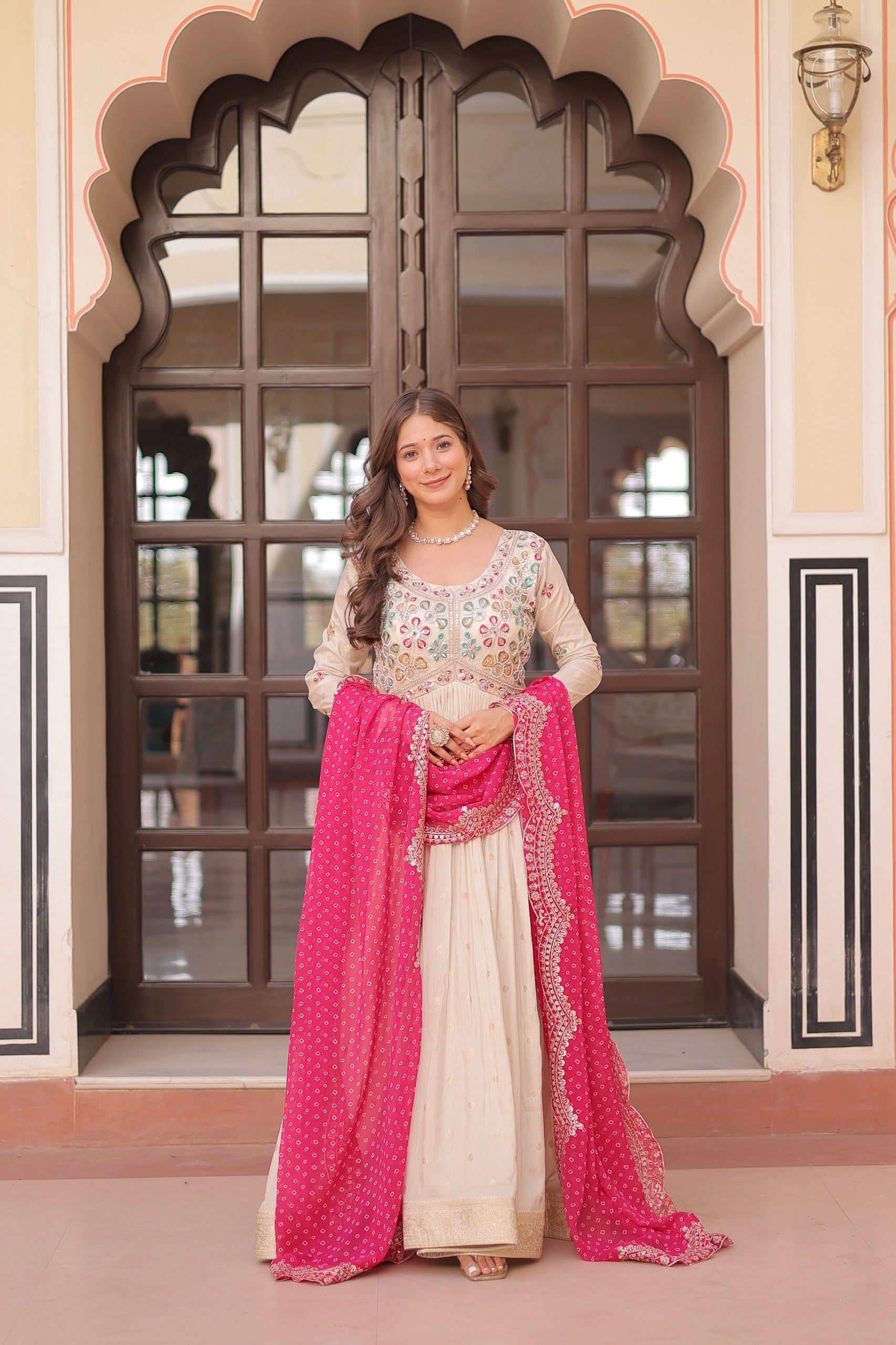 Designer Beige Jacquard Gown with Pearl Embroidery & Pink Bandhani