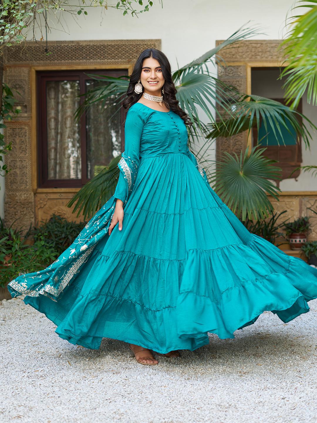 princess polly baby blue dress Mirror work yolk long dress, peacock blue colour long dress with contrast  yellow dupatta, shiny material, anarkali, party wear, diwali dress, ethnic  dress, festive dress, Women's Fashion, Dresses & Sets, Evening dresses main image 1