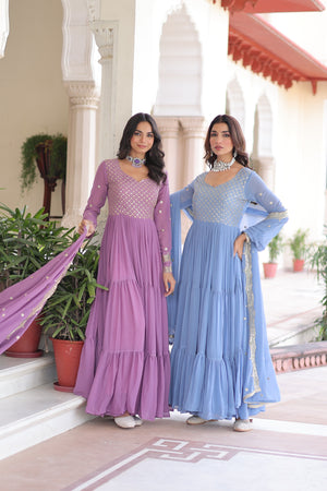 sky color georgette gown dress