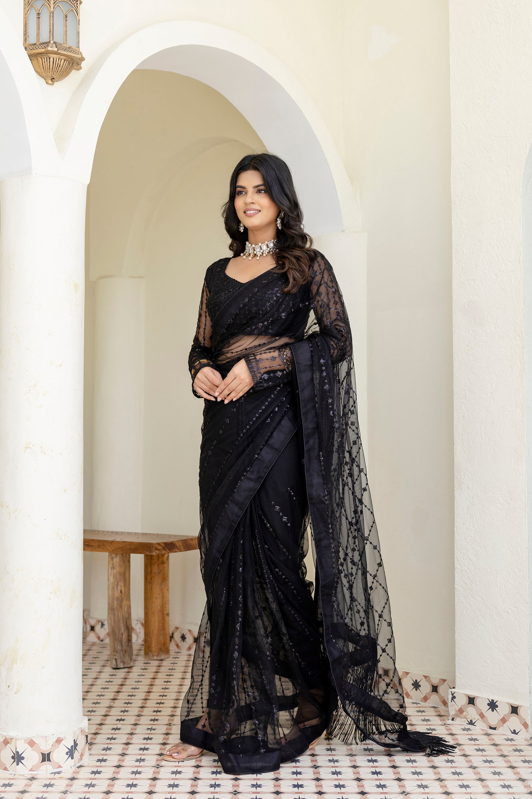 Black Net Saree