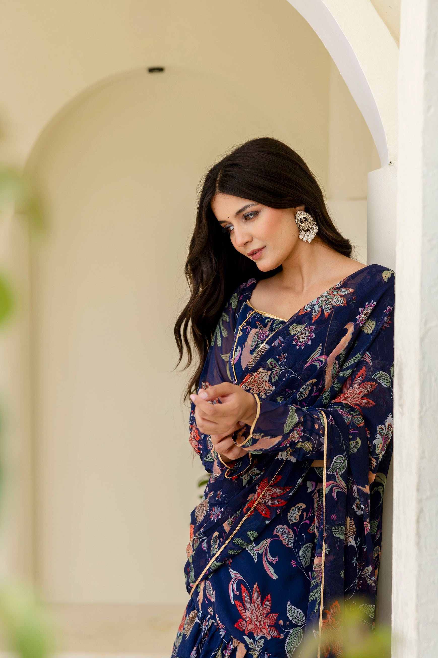 stitched blouse saree set