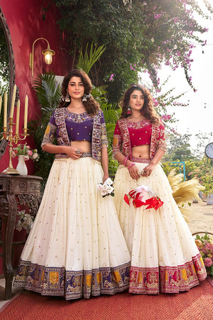 This embroidered lehenga choli with koti is designed for grand occasions like weddings and receptions, offering a royal look with heavy thread work detailing.