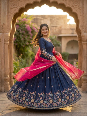 Traditional navy blue anarkali gown with dupatta