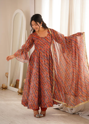 Fully Stitched Orange Printed Gown Online