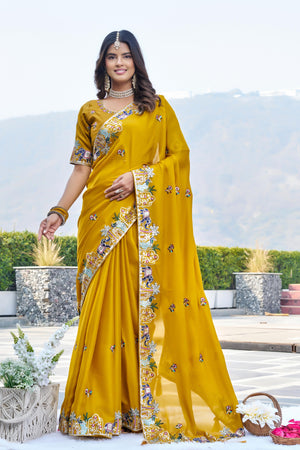 Designer wedding wear satin chiffon saree