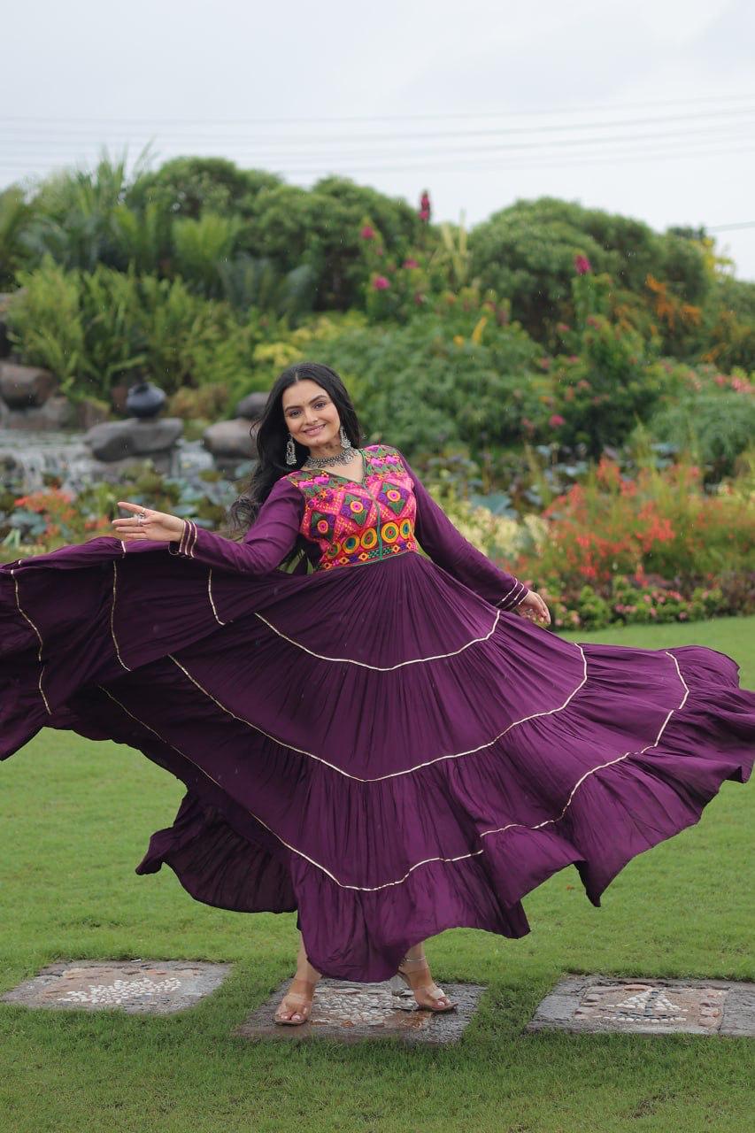 Wine color Kutchi embroidered rayon gown front view