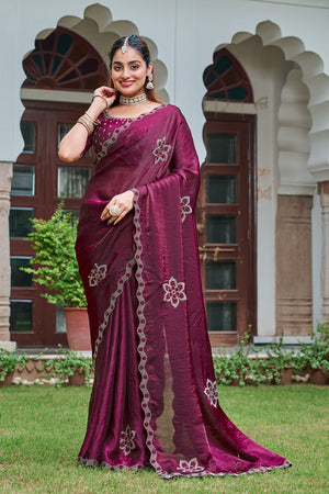Model in wine silk saree posing gracefully