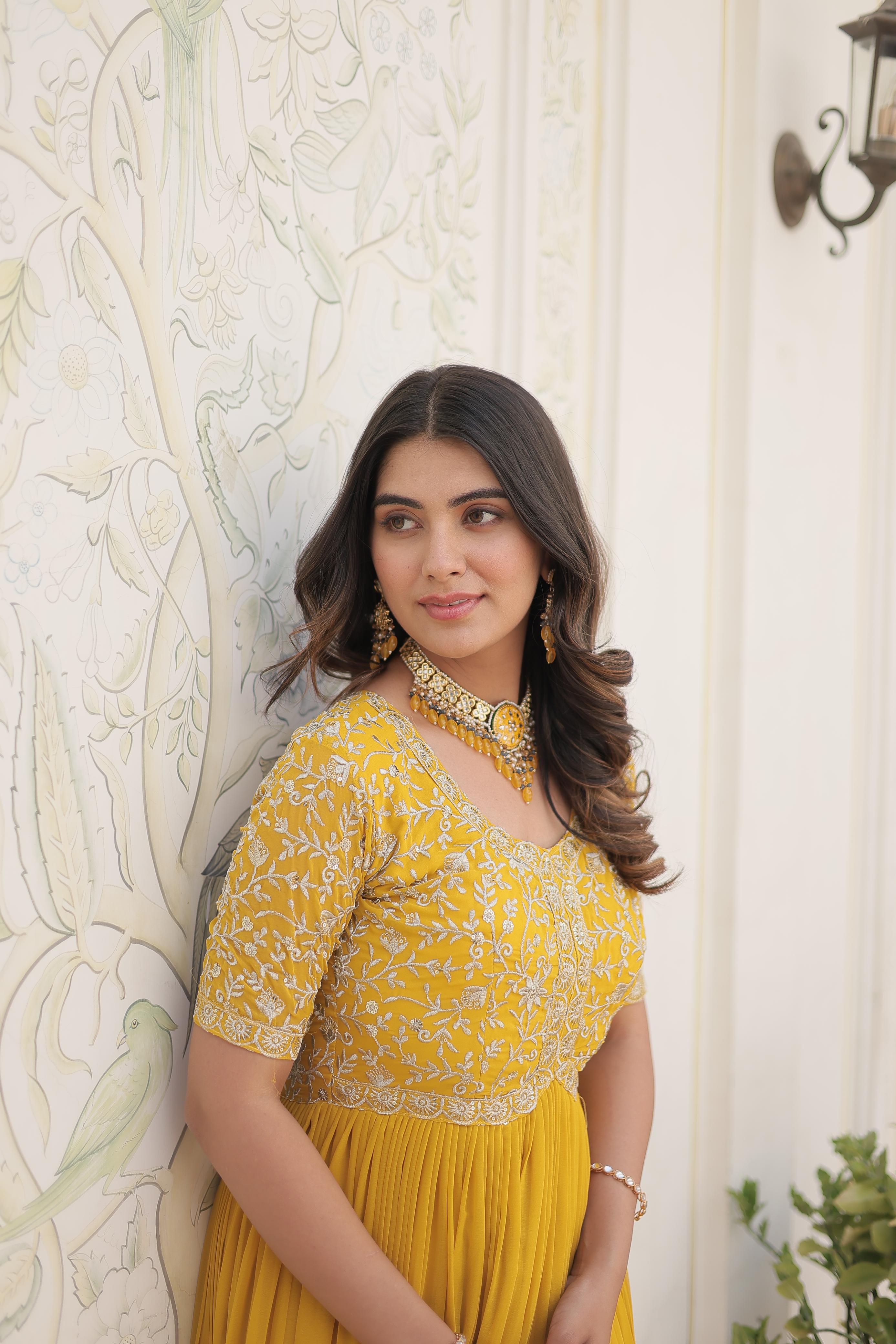 yellow designer gown for women