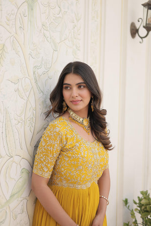 yellow designer gown for women