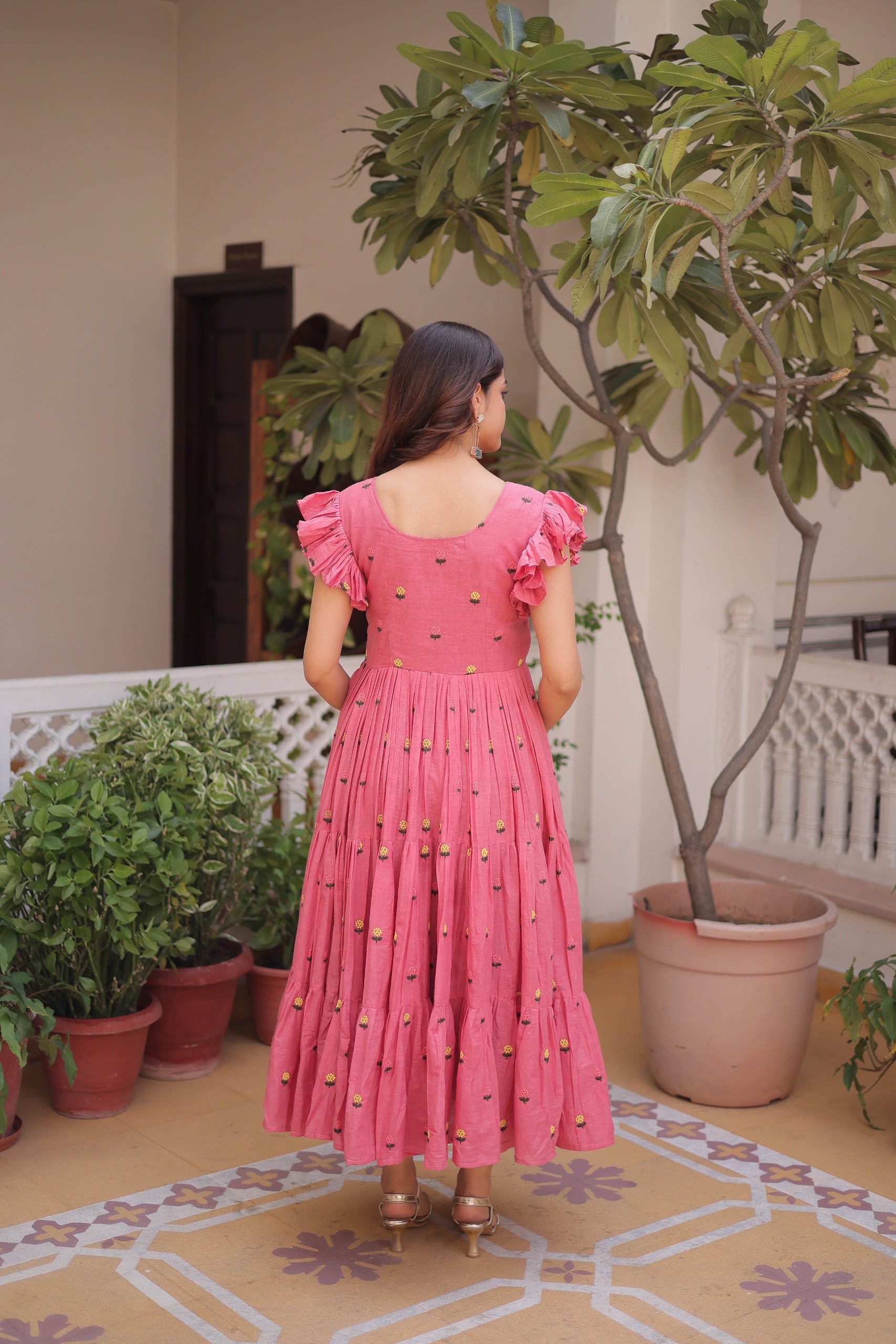 pink flared kurti embroidery design India
